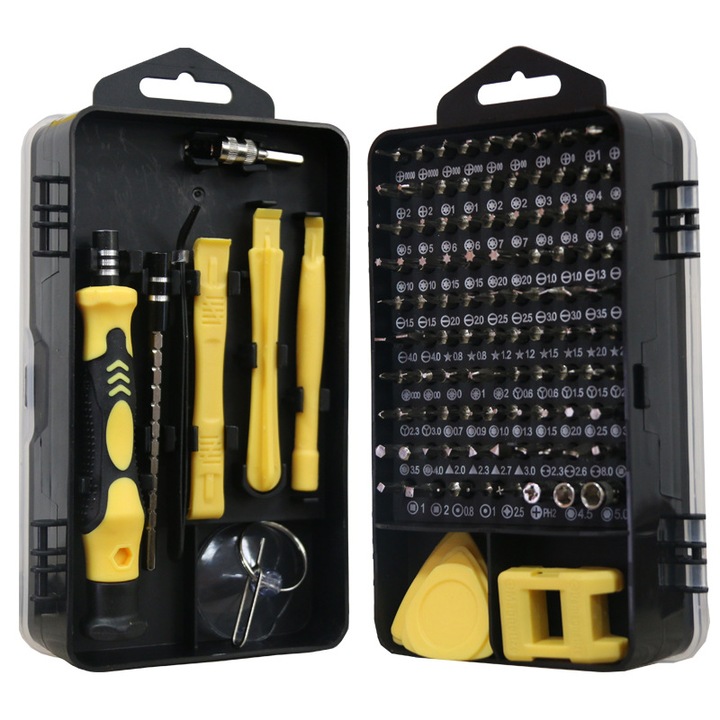 Комплект отвертки 115 части, за ремонт на телефони, часовници, компютри, с гъвкава дръжка, жълти