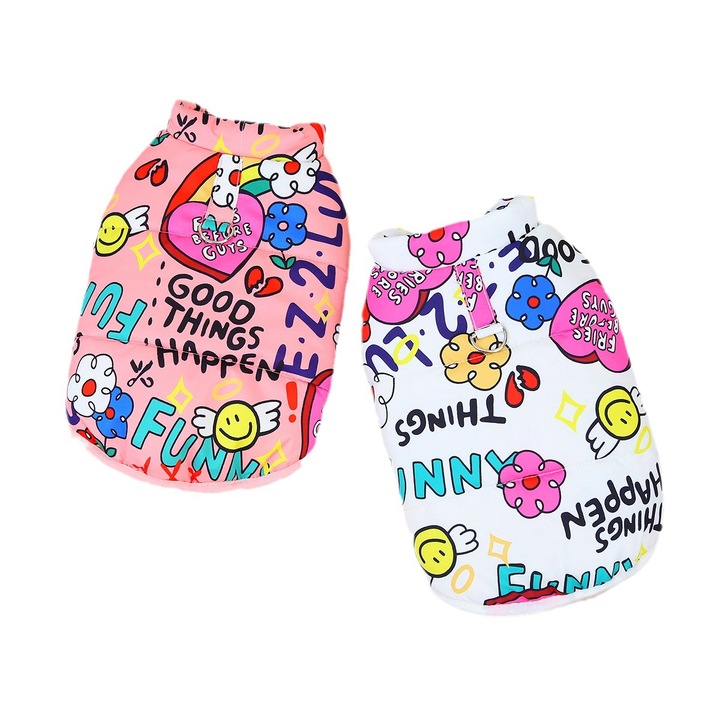 Kisállat mellény, 2 részes szett, fehér és rózsaszín, rajzfilmmintás, XL-es méret