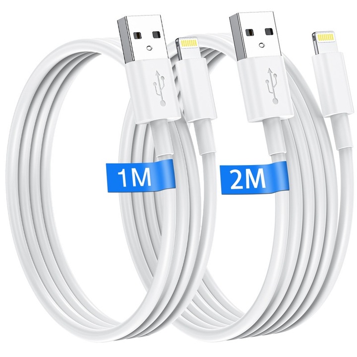 Cablu de incarcare iPhone 2Pack 1M+2M, compatibilitate larga, incarcare rapida, alb