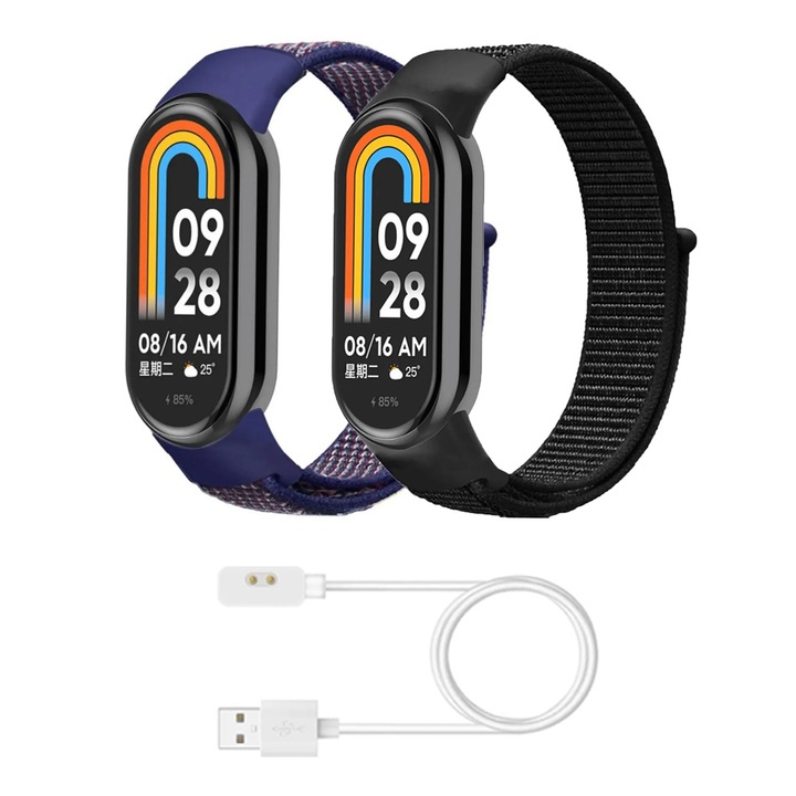 Set 2 Curea Bratara Fitness compatibil Xiaomi Mi Band 8/9/10 NFC, Din material textil Hedgehog rezistent la apa, Cablu de incarcare，Negru/Bleumarin