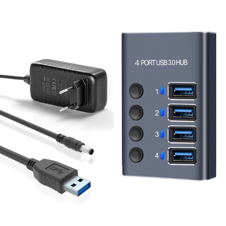 4 в 1 USB хъб с бутон ON/OFF, AHA PRINT®, алуминий, 4 USB 3.0 порта 5Gbps трансфер на данни и 36W външно зареждане