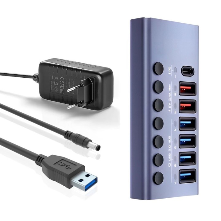 USB хъб PRESTIGE CHARGE®, 7 в 1, С бутон ON/OFF, Алуминий, 4 USB 3.0 порта 5Gbps трансфер на данни и TypeC PD + 2*USB QC 3.0 зареждане, 36W външно зарядно