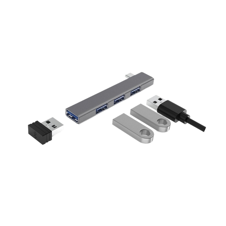 Адаптер AdyMel® 4 in 1, USB Type C, алуминий, външен хъб с 4 порта, USB 3.0-5 Gbps и 2.0-480 Mbps, сплитер, съвместим лаптоп, таблет, MacBook, PC, сив