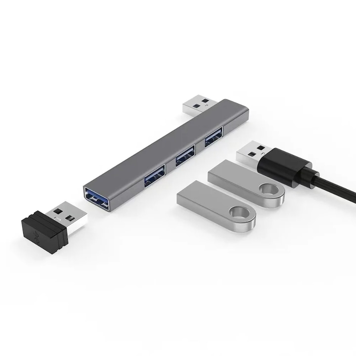 Adaptor USB 4 in 1 AdyMel®, Aluminiu, Hub extern cu 4 porturi, USB 3.0-5 Gbps si 2.0-480 Mbps, Splitter, Compatibil Laptop, Tableta, MacBook, PC, Albastru