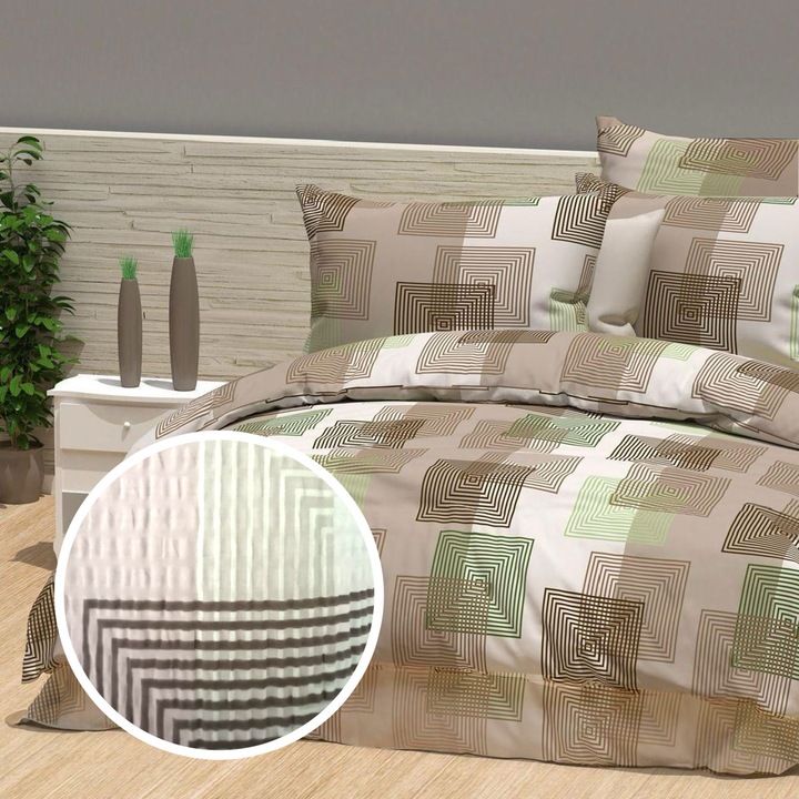 Lenjerie pat Creponata 100% Bumbac, cearsaf pat 160x240 cm, pilota 140x210 cm, fata perna 50x70 cm, Verde-Maro, Pucioasa