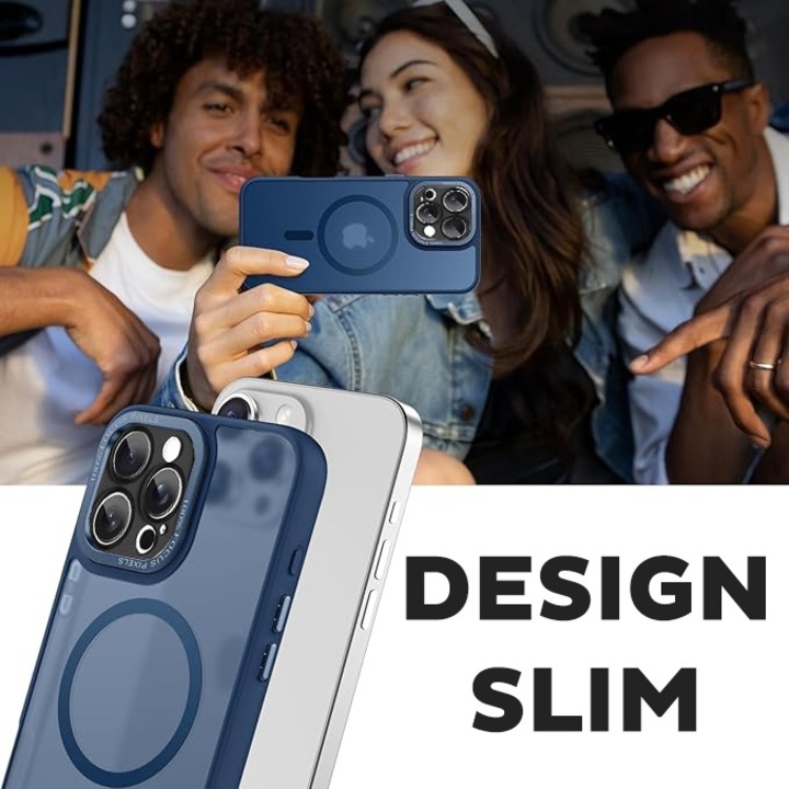 Husa pentru iPhone 16 Pro Max DaDen® Frosted, Magsafe integrat, Calitate superioara, Antisoc, Protectie sporita, Fumuriu, Albastru