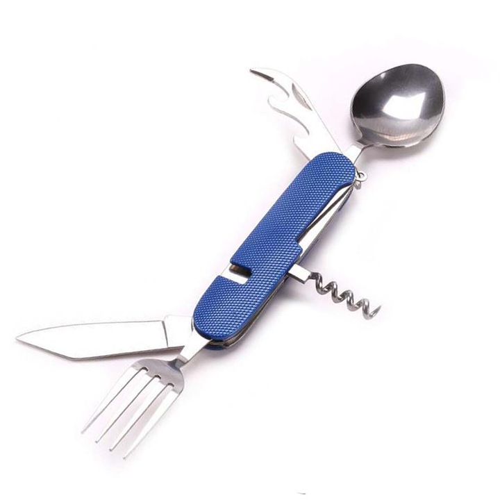 Cutit briceag detasabil, cu 6 functii lingura furculita, pentru camping, albastru, 25 cm, dalimag