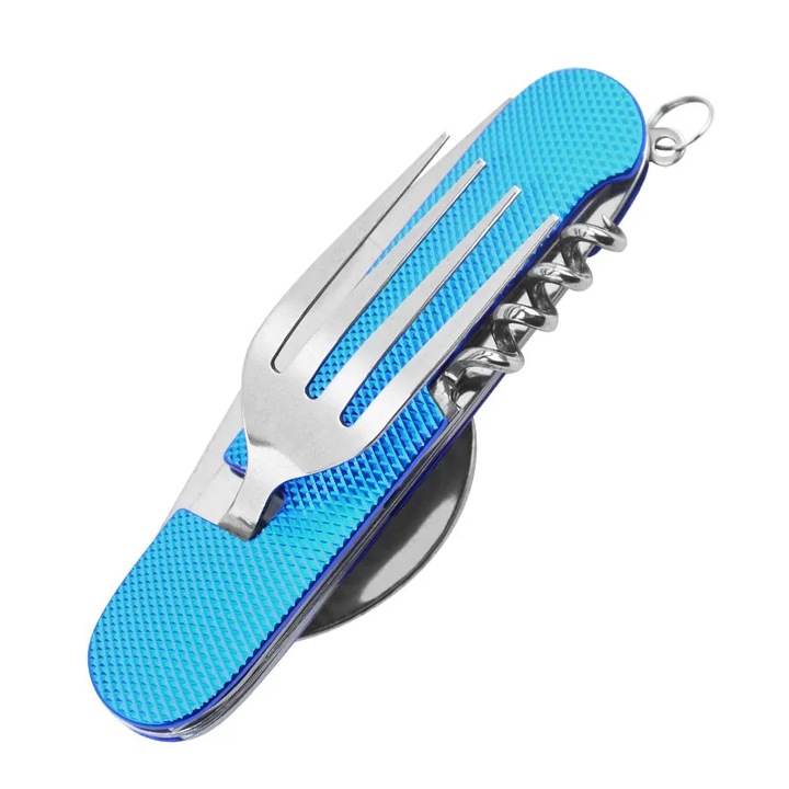 Cutit briceag detasabil, cu 6 functii lingura furculita, pentru camping, albastru, 25 cm, dalimag