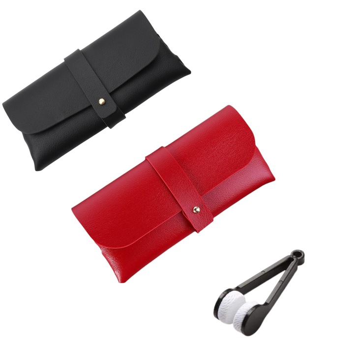 Pachet set 2 tocuri de ochelari, etui si 1 mini laveta de sters ochelari, rosu si negru
