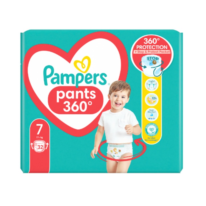 Scutece-chilotel Maxi Pack Pants Stop & Protect, 17+ kg, Nr. 7, 32 bucati, Pampers