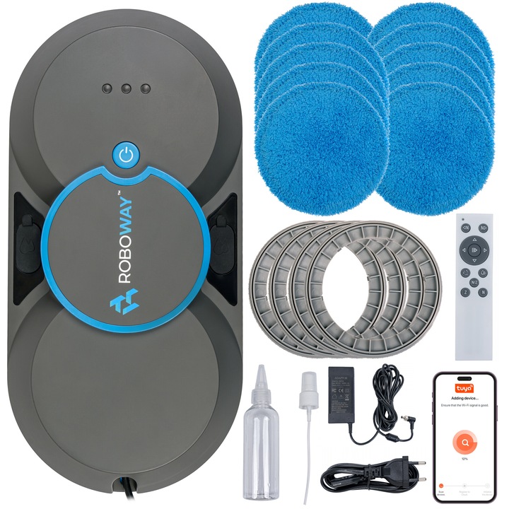 Интелигентен автоматичен робот за почистване на прозорци с 2 ултразвукови дюзи Roboway RW-1-PRO, WiFi функция, 5600pA, Дистанционно управление, захранващ адаптер, 4 режима на почистване, Черен