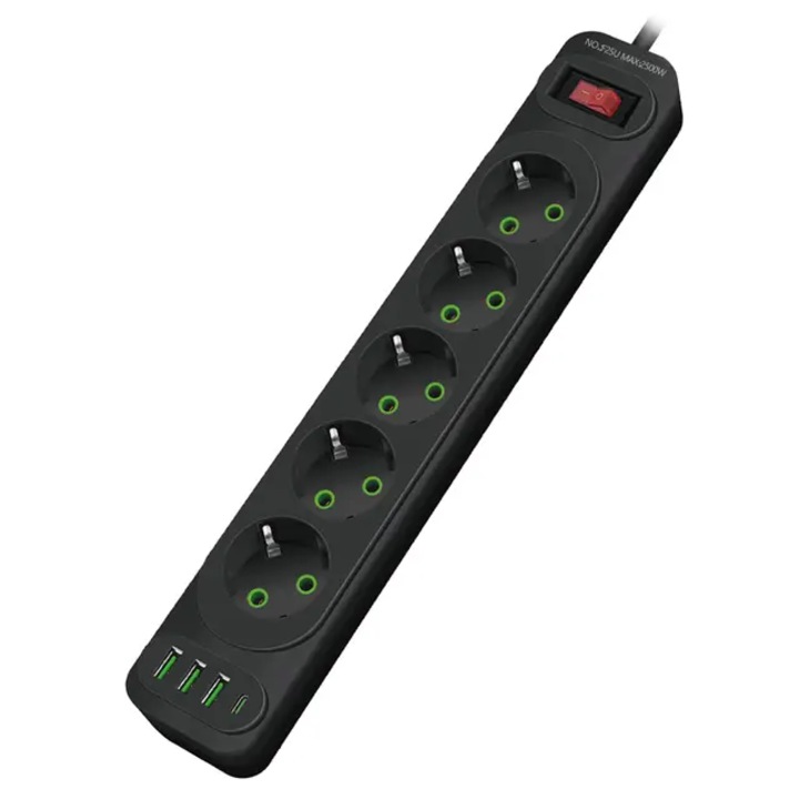 Удължител Inwersa с 5 гнезда, 3 USB порта, превключвател, 2500W, вградена опора за окачване, устойчив на високи температури, универсален, дълъг 3 м, черен