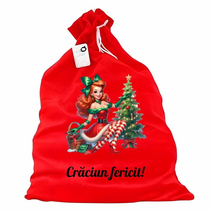 Saculet pentru Cadouri de Craciun, Catifelat, Rosu, Mos Craciun, 60 cm, SMCR021