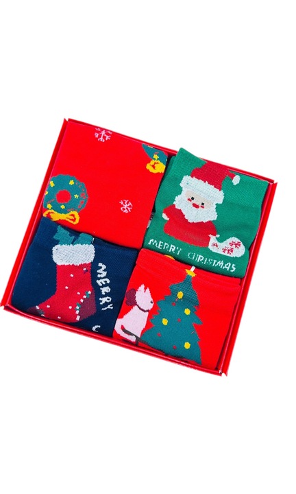 Set sosete de dama, cu design de sarbatori, Tecos®, marime 36-41, ambalate in cutie cadou, ideale pentru Sarbatorile de iarna, 4 perechi