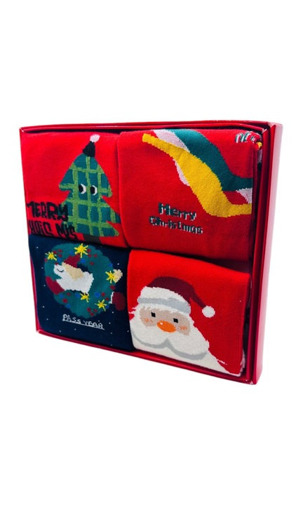 Set sosete de dama, cu design de sarbatori, Tecos®, marime 36-41, ambalate in cutie cadou, ideale pentru Sarbatorile de iarna, 4 perechi diferite