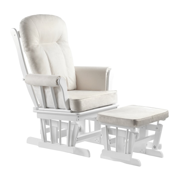 Fotoliu balansoar cu suport pentru picioare lemn alb textil crem Saford 71x81x104 cm, 50x39x38 cm