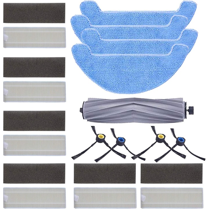Set 15 piese, 4 lavete de curatare, 4 perii laterale, 6 filtre HEPA, 1 perie mare Yooria, pentru asiratoare robot Amibot animal premium H2O, multicolor