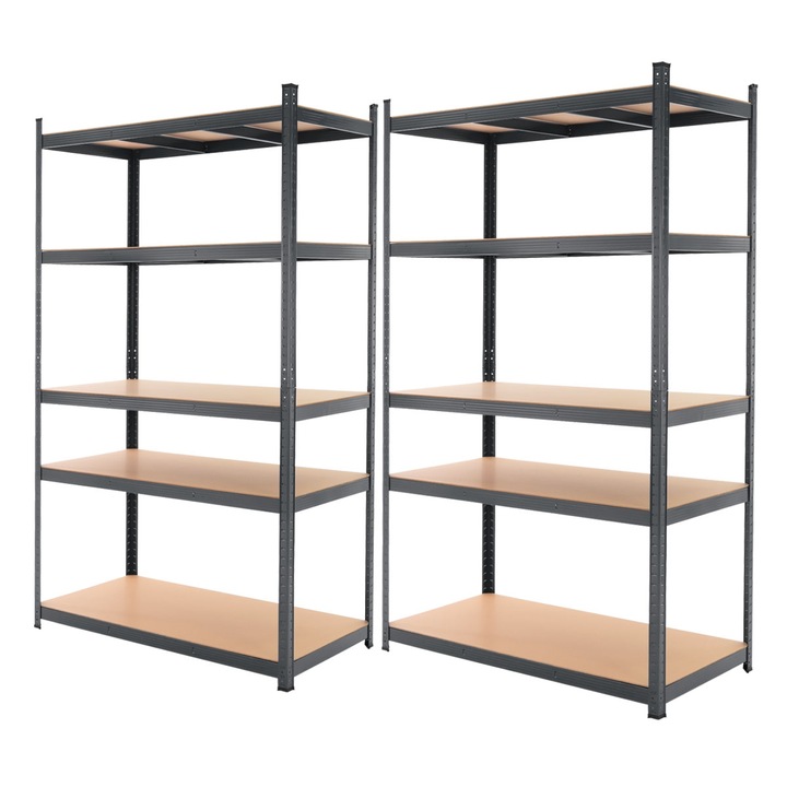 Set 2 rafturi metalice industriale cu 5 polite MDF ECD Germany, metal, antracit, 200x100x60 cm, 175 kg/ polita, sistem de conectare fara suruburi