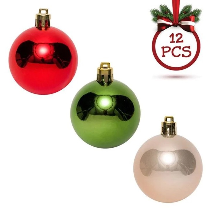Set 12 Globuri Brad Craciun Antbro® bej, rosii si verzi cu aspect lucios, 5cm