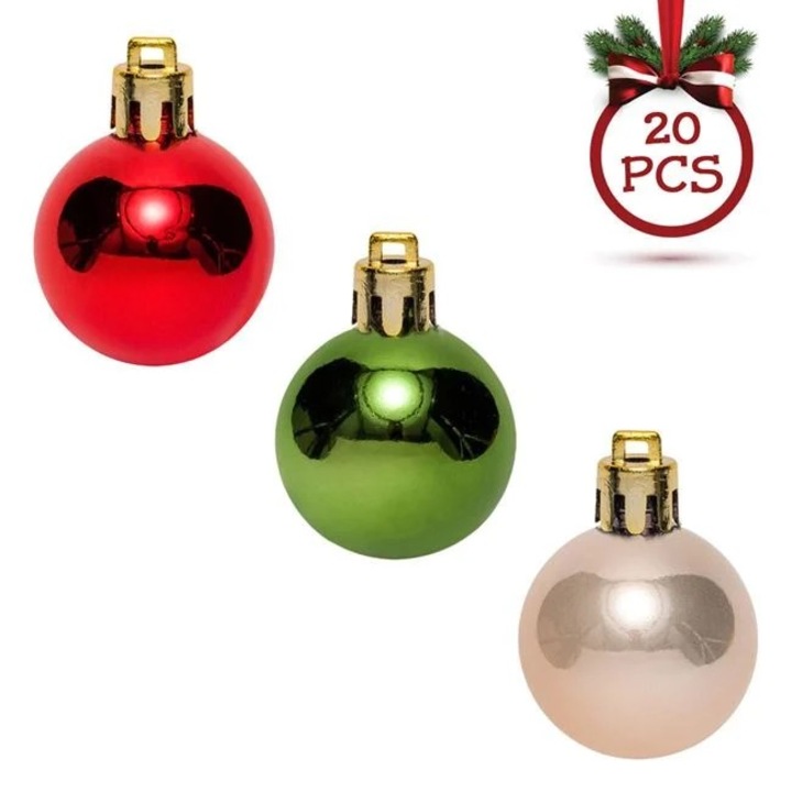 Set 20 Globuri Brad Craciun Antbro® bej, rosii si verzi cu aspect lucios, 3cm