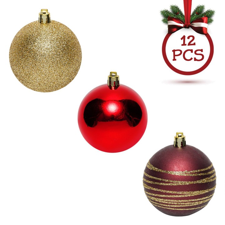 Set Globuri Craciun, 12 Bucati, Plastic, Multicolor, 7cm, Decor Bradut, MYONNA IT & E- COMMERCE ®