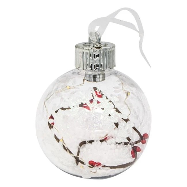 Ornament brad de Craciun Antbro® glob transparent, cu zapada, brad si fulg irizat in interior cu bec LED, 8cm