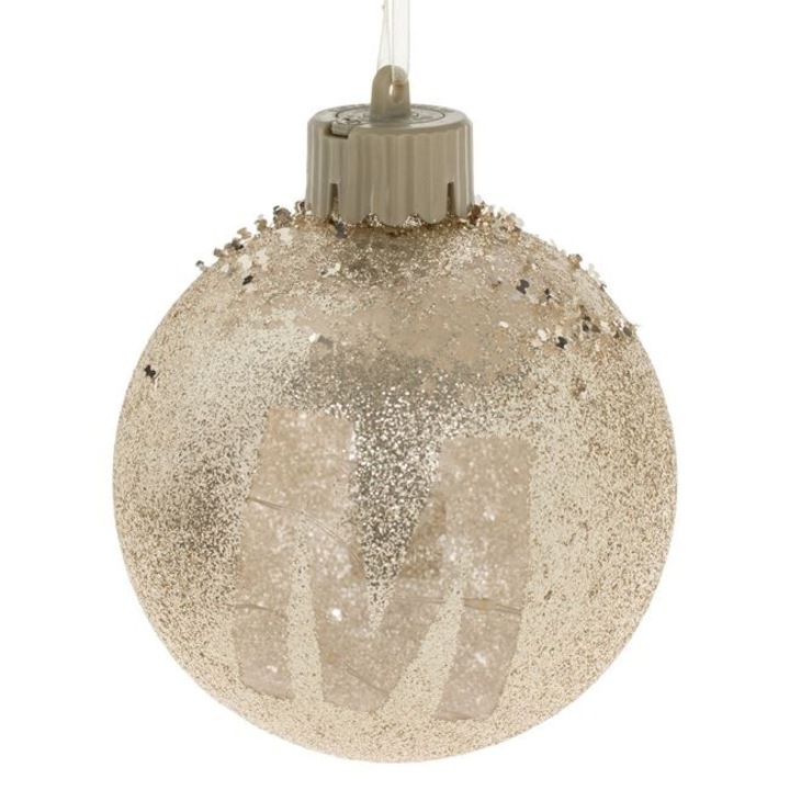 Ornament brad de Craciun Antbro® cu monograma M transparent de culoare bej sampanie cu glitter, cu LED, 10cm
