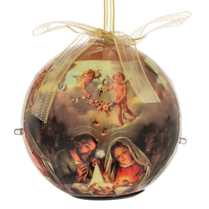 Ornament brad de Craciun Antbro® glob cu imagine cu Nasterea Sfantului Prunc cu 6 becuri LED, 7.5cm