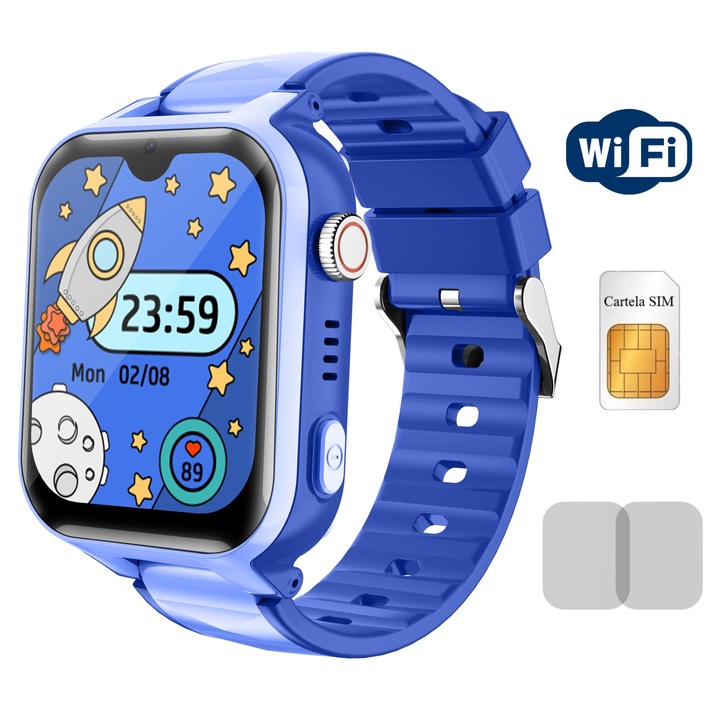 Смарт часовник WiFi за деца 4G видео разговор MiniWATCH eKiD10 GPS местоположение, SIM карта, разговор/дневник, SOS бутон, HD камера, периметър за безопасност/хронология, училищен режим, гласово съобщение, дата/час/аларма, защита срещу загуба, 800mAh, син