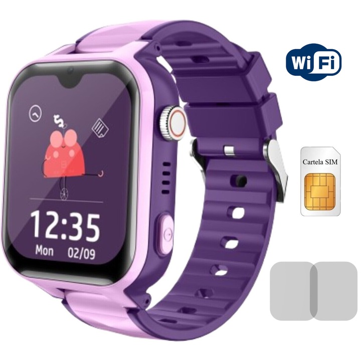 Смарт часовник WiFi за деца 4G видео разговор MiniWATCH eKiD10 GPS местоположение, SIM карта, гласово съобщение, дата/час/аларма, защита срещу загуба, 800mAh, Лилав