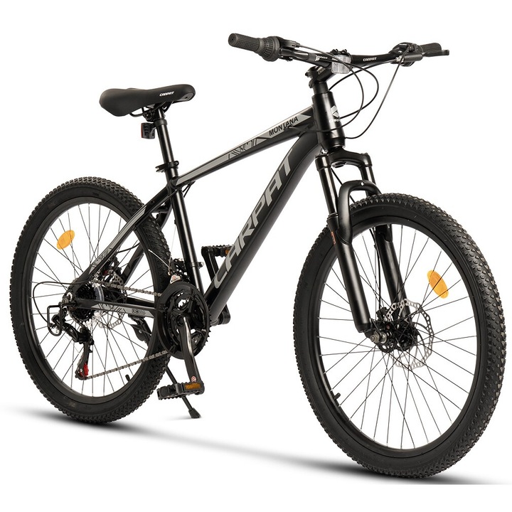MTB велосипед с 24" колела, оборудване Shimano/Saiguan, 21 скорости, въртящи се лостове, черен/сив, планински велосипед Carpat Montana с алуминиева рамка, дискови спирачки и вградени кабели