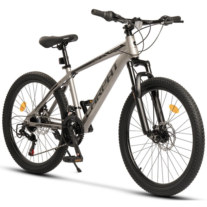 MTB велосипед с 24" колела, оборудване Shimano/Saiguan, 21 скорости, въртящи се лостове, сиво/черно, планински велосипед Carpat Montana с алуминиева рамка, дискови спирачки и вградени кабели