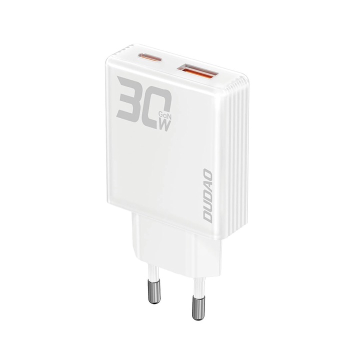 GaN зарядно, Dudao, A30EU 30W USB-A/USB-C, бяло, компактно, преносимо