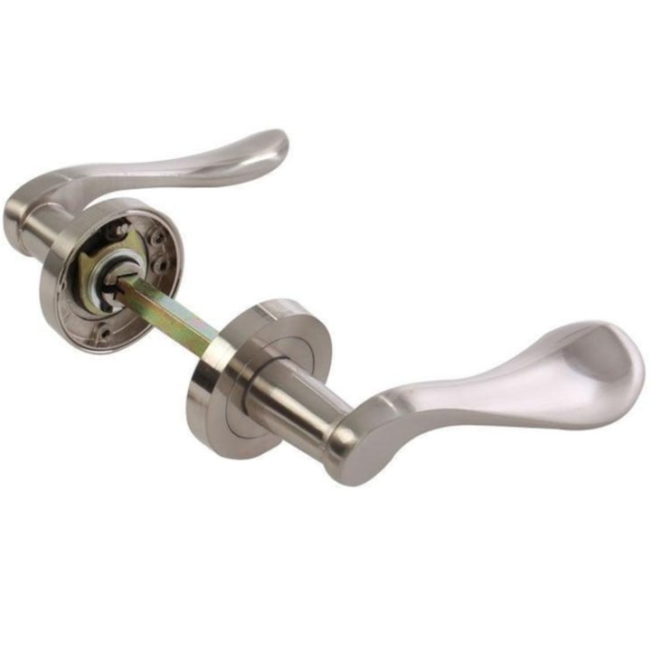 Maner cu rozeta rotunda pentru usa interior, BestImp H12, aliaj metalic, satin nichel, 135 x 55 mm