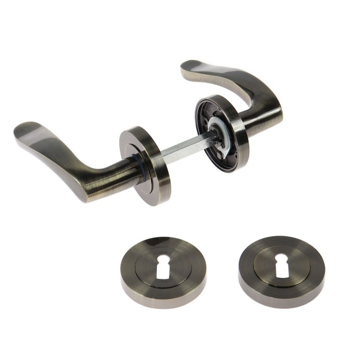 Maner cu rozeta rotunda pentru usa interior, Balen Gato BB K RR55, zamac, antic bronz, 115 x 50 mm