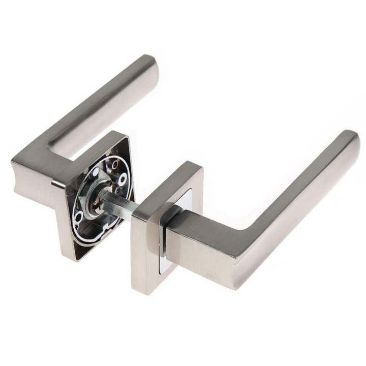 Maner cu rozeta patrata pentru usa interior Eureka Gato BB K RS54, zamac, satin nichel + crom polisat, 135 x 54 mm
