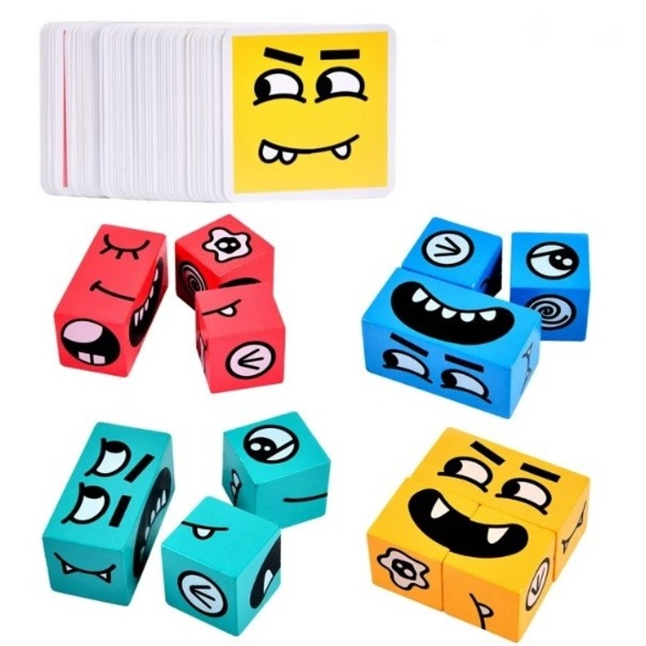 Jucarie pentru copii montessori Flippy, cub din lemn, asamblare fete, 64 de carti distractive, pentru baieti si fete, varsta +3 ani, cutie mare, educativ, multicolor