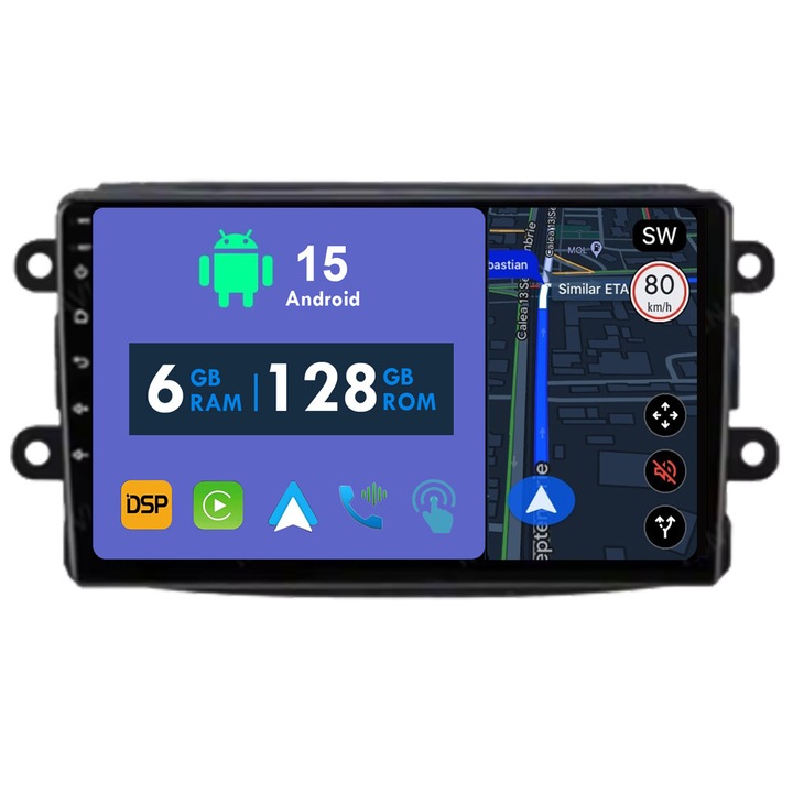 Navigatie GPS CarPlay Radio pentru Renault Dacia Duster Logan Sandero Lodgy Lada Xray Captur Dokker Android Auto Stereo Bluetooth Ecran Tactil 6GB RAM, 128GB ROM