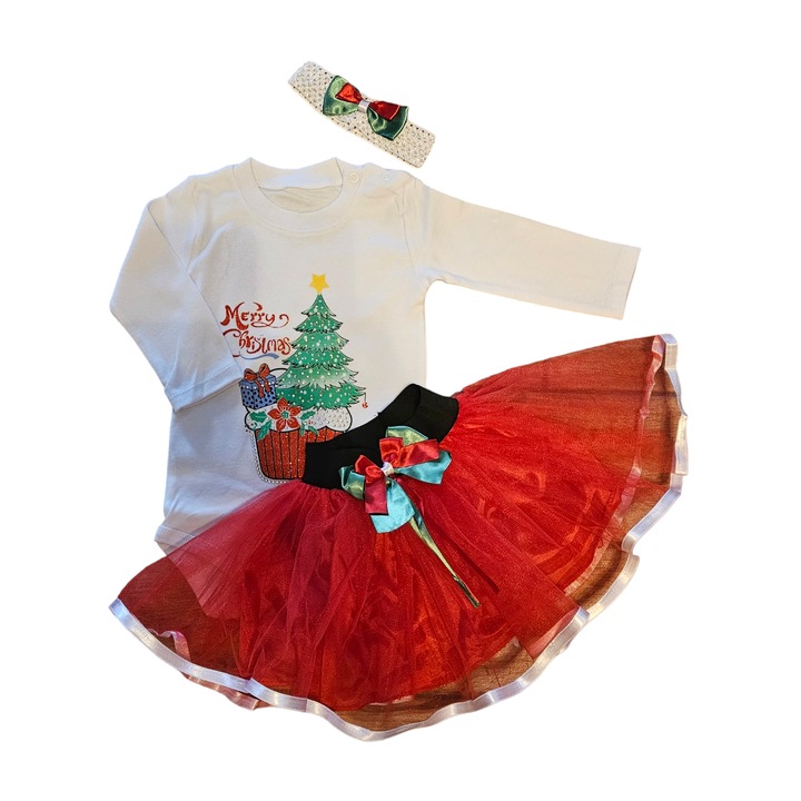 Body alb cu strasuri si sclipici, fusta tutu cu aplicatie funda, bentita inclusa, model Crqsqqsqaciun, bumbac si tulle, rosu, Rosu/Alb