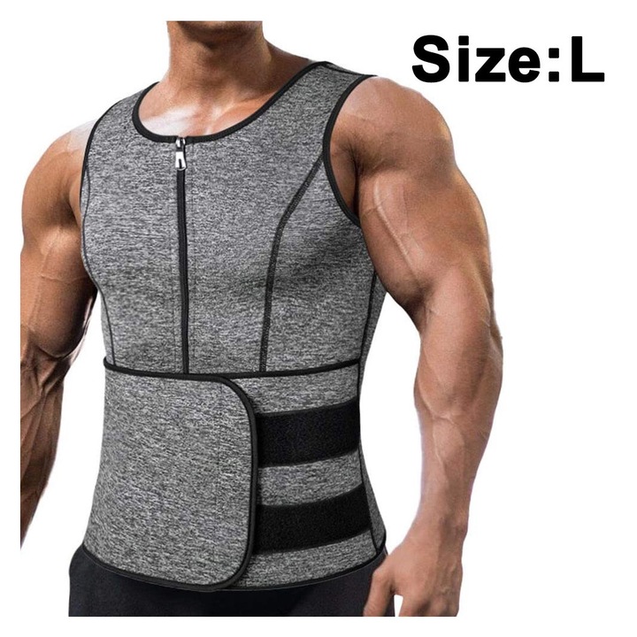 Férfi neoprén szauna mellény cipzárral, derék karcsúsító edzőmellény, testformáló fűző mellény, szürke L
