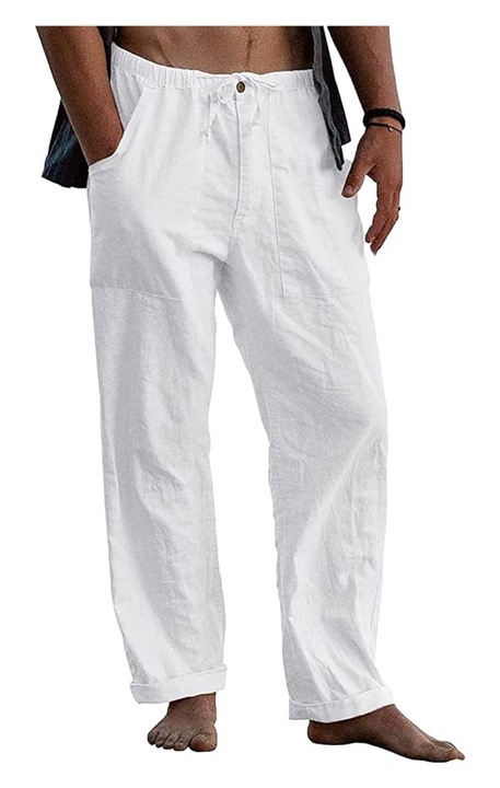 Férfi nadrág, Jormftte, alkalmi, zsebekkel, állítható zsinórral, fehér, vászon