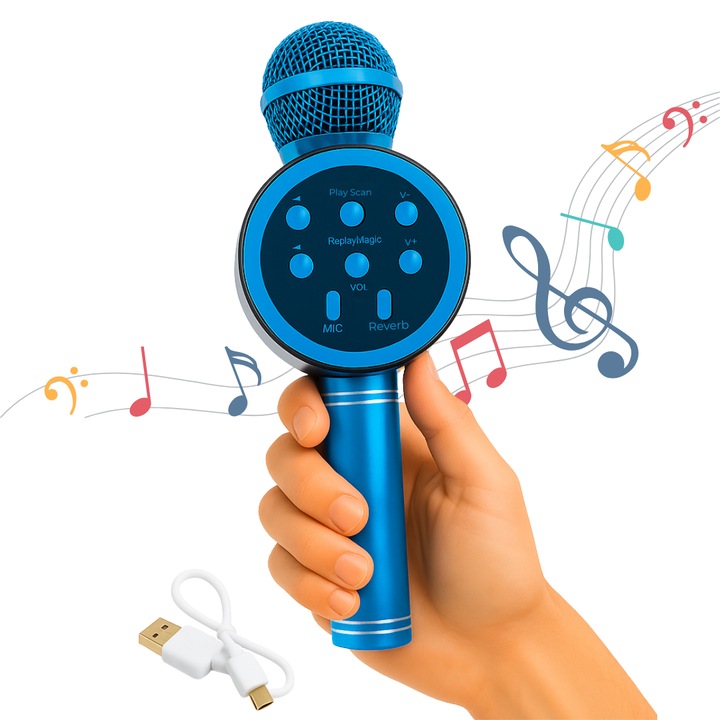 Macvi vezeték nélküli karaoke mikrofon hangszóróval, Bluetooth V11, hordozható, professzionális hangszóró, beépített akkumulátor, kék