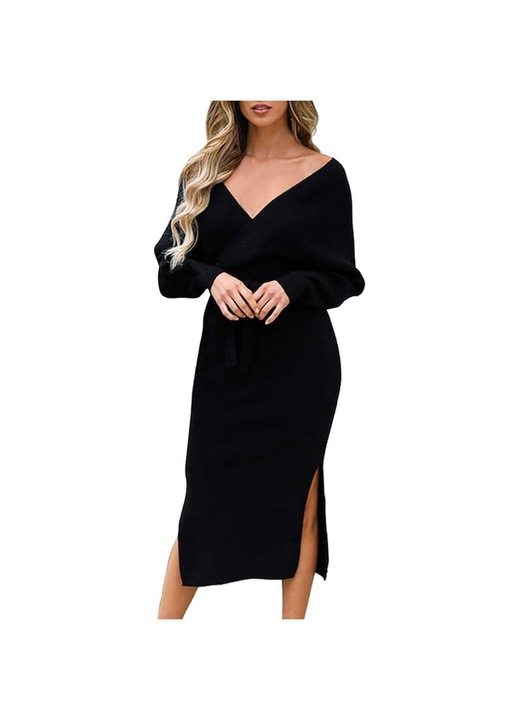 Jormftte kötött ruha, hosszú, V-nyakú, övvel, hosszú ujjú, fekete