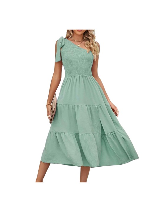 Jormftte A-vonalú ruha, félvállas, ujjatlan, magas derék, egyszínű, légáteresztő anyag, nyári boho stílus