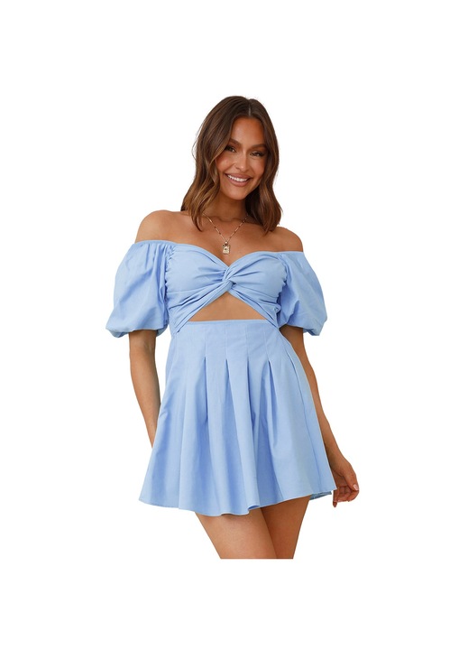 Jormftte mini ruha, ejtett vállú, redős, kék, strandpartira