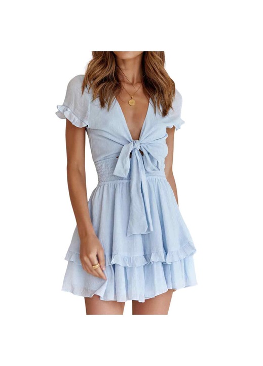 Jormftte ruha, világoskék, poliészter, V-nyakú, rövid ujjú, XL INTL