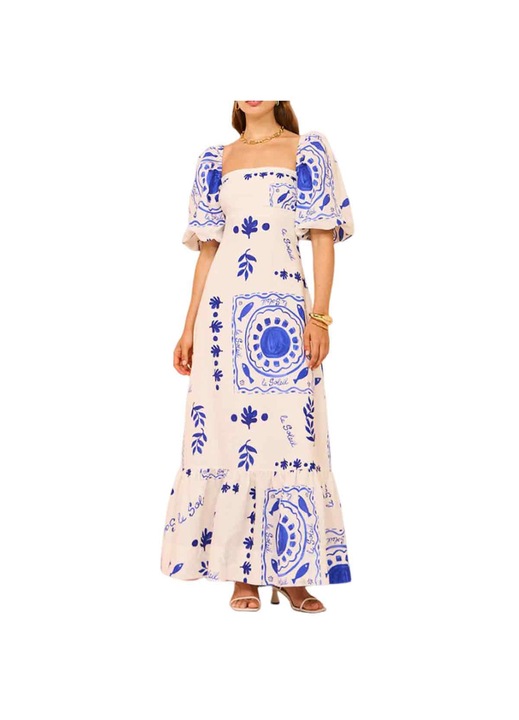 Nyári ruha, Jormftte, négyzet alakú nyakkivágás, fodros szegélyek, kék, légáteresztő anyag