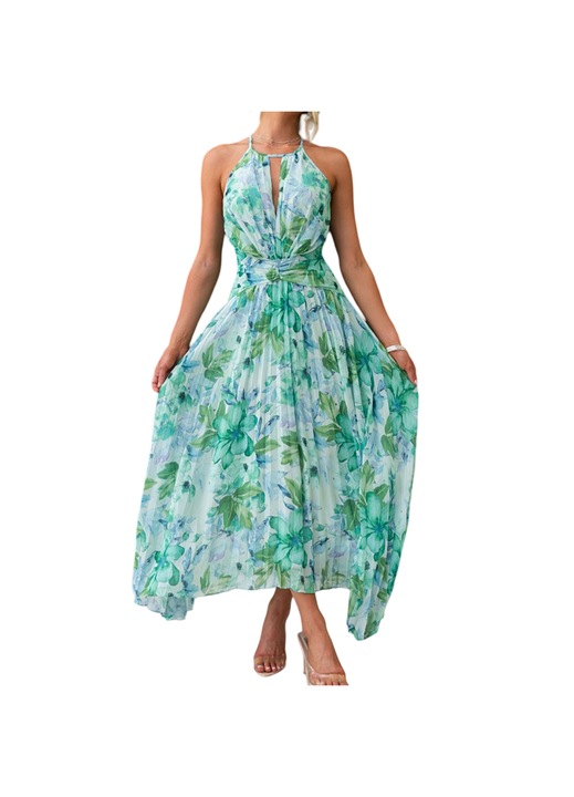 Jormftte hosszú virágos ruha, V-nyakú, magas derekú, zöld, könnyű anyagból