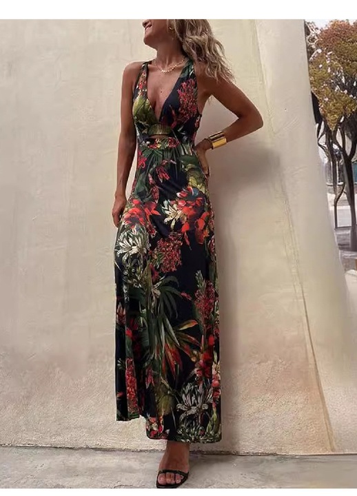 Jormftte nyári maxi ruha, ujjatlan, virágmintás, fekete, puha anyag
