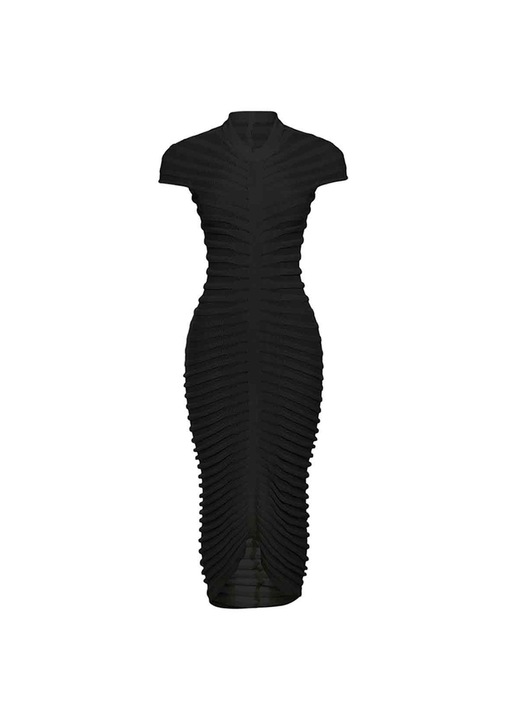 Rochie, Jormftte, tricotată, cu gât fals, mâneci scurte, neagră, fabricată din material solid